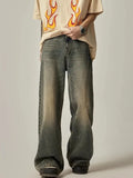 Wearint Vintage Blue Jeans Men's Clothing Spring and Autumn New Holes Y2K Straight Pants Button Pocket Loose Trousers