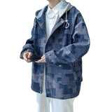 Wearint Spring and Autumn New 2024 Men Jacket Denim Color Contrast Hooded Plaid Jacket Men's Fashion Oversize Coat 5xl Jacket