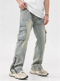 Wearint Mud Yellow Jeans for Men Y2K Solid Color Overalls with Buttons Multi-pocket Zipper To Make Old Pants Loose