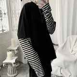 Wearint Cool Striped Patchwork T-Shirt Men Autumn Oversize Tops Boys Solid Long Sleeve T Shirt Fashion Japanese Gothic Japan T Shirt