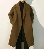 Wearint Spring and Autumn Woolen Coat Men's Clothing Solid Color Medium Long Trench Coat Lapel Strap Pocket Loose Top