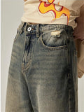 Wearint Vintage Blue Jeans Men's Clothing Spring and Autumn New Holes Y2K Straight Pants Button Pocket Loose Trousers