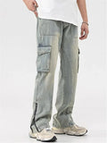 Wearint Mud Yellow Jeans for Men Y2K Solid Color Overalls with Buttons Multi-pocket Zipper To Make Old Pants Loose