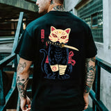 Wearint Cartoon Anime Samurai Cat Printed T Shirt For Men Outdoor Hip Hop Harajuku Vintage Clothes Casual O-neck Loose Short Sleeve Tees