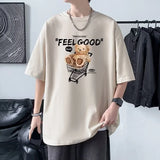 Wearint Funny Feel Good Bear Print Tops Man Casual Oversize T Shirt Cotton Summer Short Sleeved Crewneck Y2K T Shirts Streetwear Clothes