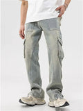 Wearint Mud Yellow Jeans for Men Y2K Solid Color Overalls with Buttons Multi-pocket Zipper To Make Old Pants Loose