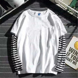 Wearint Cool Striped Patchwork T-Shirt Men Autumn Oversize Tops Boys Solid Long Sleeve T Shirt Fashion Japanese Gothic Japan T Shirt