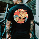 Wearint Cartoon Anime Samurai Cat Printed T Shirt For Men Outdoor Hip Hop Harajuku Vintage Clothes Casual O-neck Loose Short Sleeve Tees
