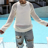 Wearint 2024 Spring Long Sleeve Transparent Mens T Shirt Sexy Hollow Out See Through Knitted T-shirts Men Hip Hop Crew Neck Pullover Top