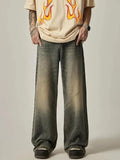 Wearint Vintage Blue Jeans Men's Clothing Spring and Autumn New Holes Y2K Straight Pants Button Pocket Loose Trousers