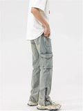 Wearint Mud Yellow Jeans for Men Y2K Solid Color Overalls with Buttons Multi-pocket Zipper To Make Old Pants Loose