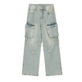 Wearint 2024 New Fashion Pants Men¡®s trendy Y2K men styleWashed Baggy Wide-leg Jeans With ribbons